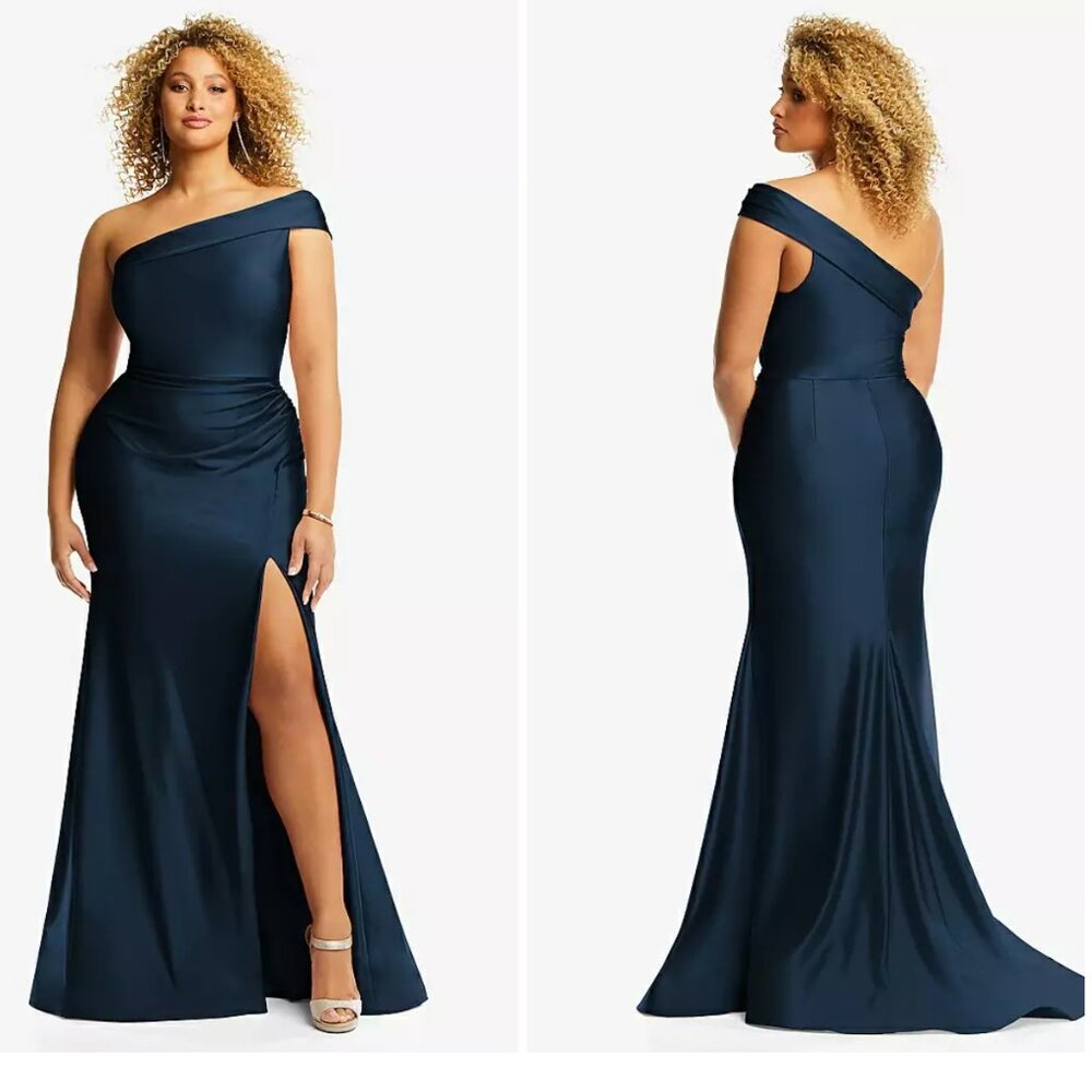 CYNTHIA & SAHAR Satin Mermaid Dress Size Large Navy Slight Train NEW $289 msrp